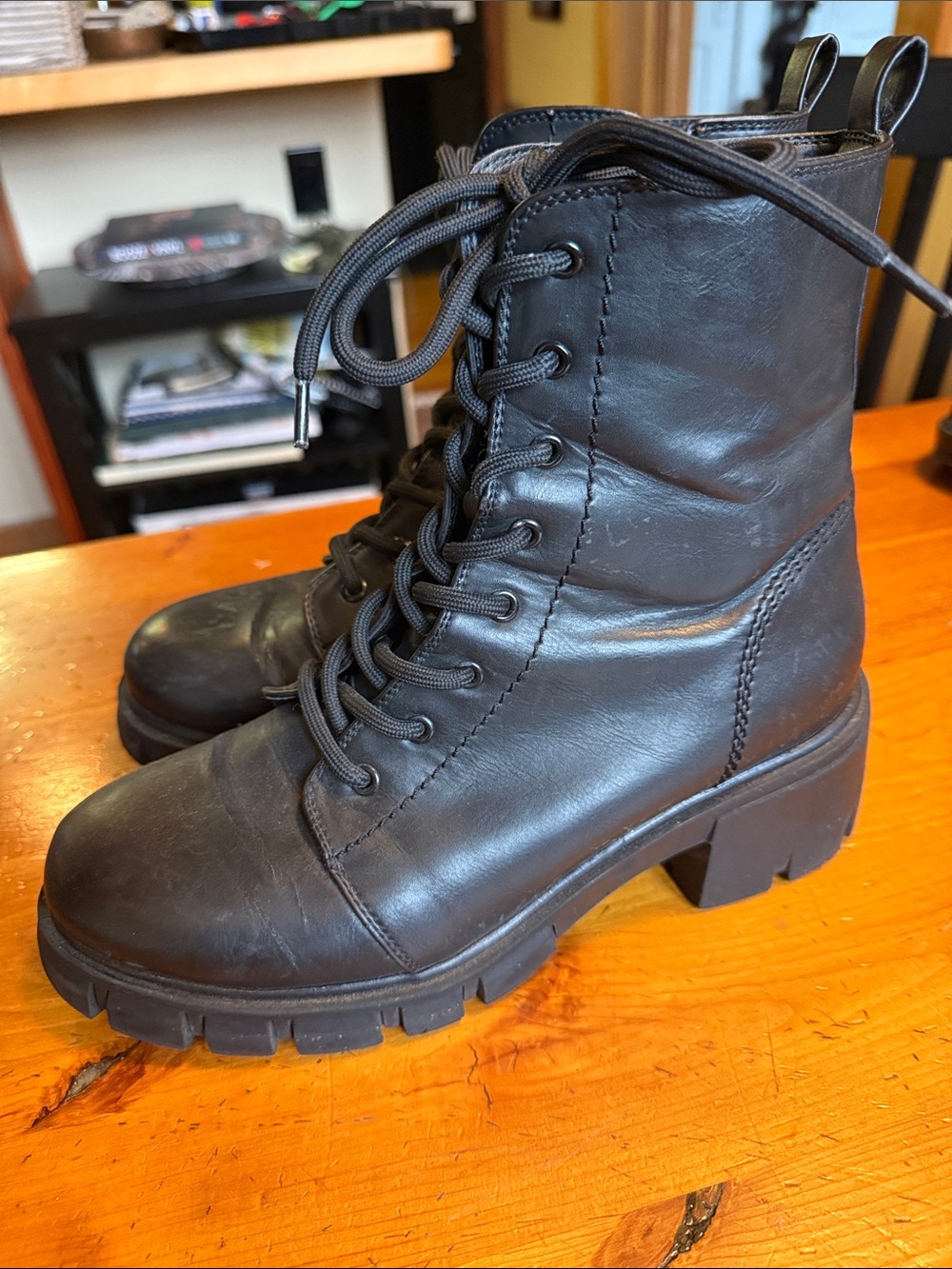 Women's Black Lace-Up Chunky Heel Combat Boots